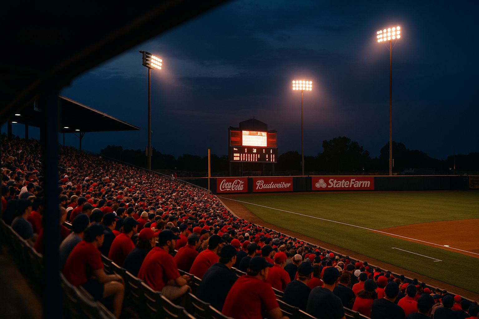 Packed minor league baseball stadium at dusk under floodlights with a glowing scoreboard, playoff-style crowd in red and navy