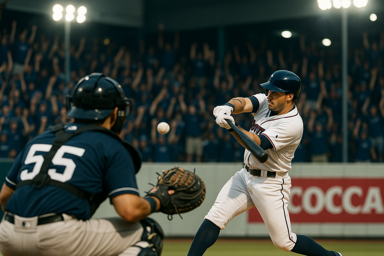 Batter following through on a swing during minor league playoff action with a crimson sponsor banner on the outfield wall