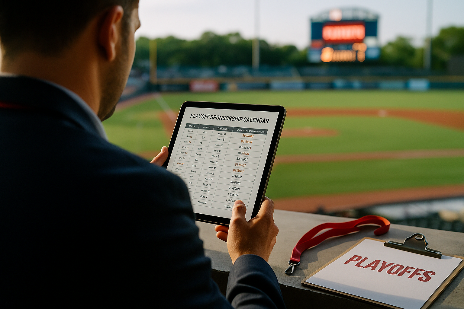 Media buyer in a blazer reviewing playoff sponsorship inventory on a tablet inside a minor league ballpark concourse