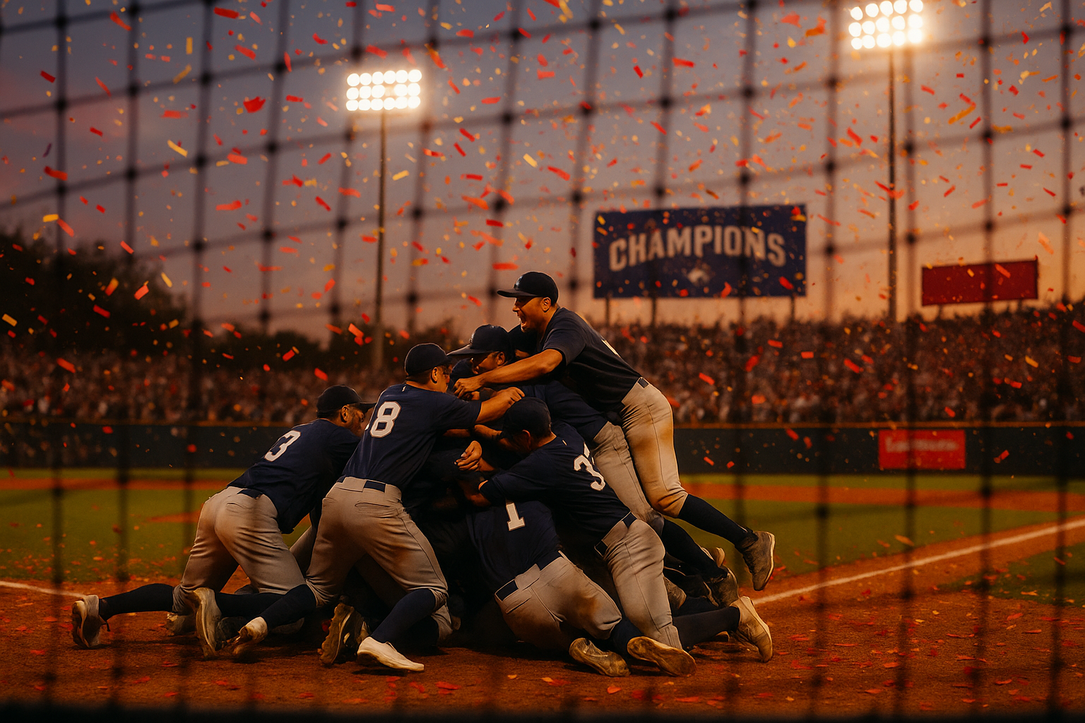 Minor league players celebrating a playoff win in a confetti-strewn pileup at home plate under stadium lights