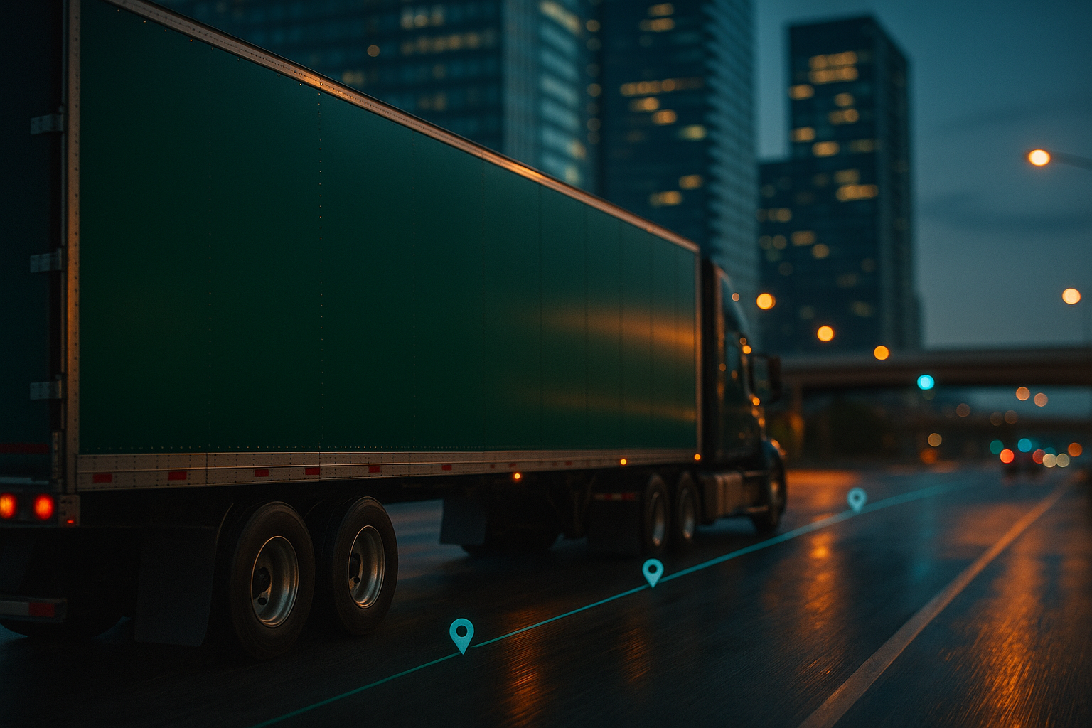 Green-wrapped semi-trailer traveling a city arterial at dusk illustrating measurable fleet advertising ROI