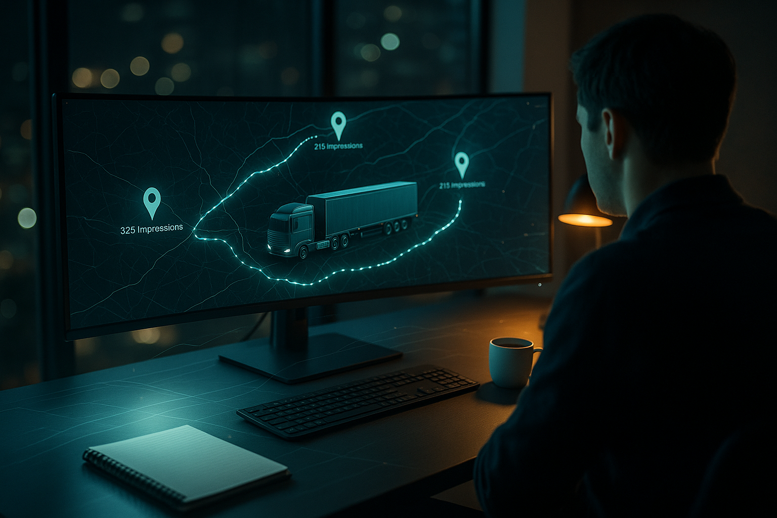 Marketing analyst reviewing a glowing route map with impression data on a large monitor, illustrating fleet advertising measurement