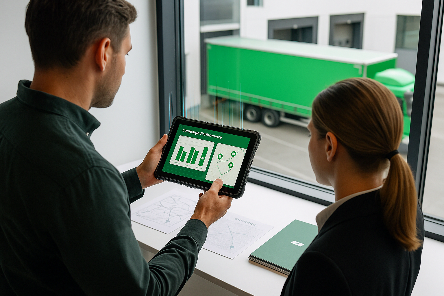 Brand strategist and fleet manager reviewing a fleet advertising performance report on a tablet in a modern office