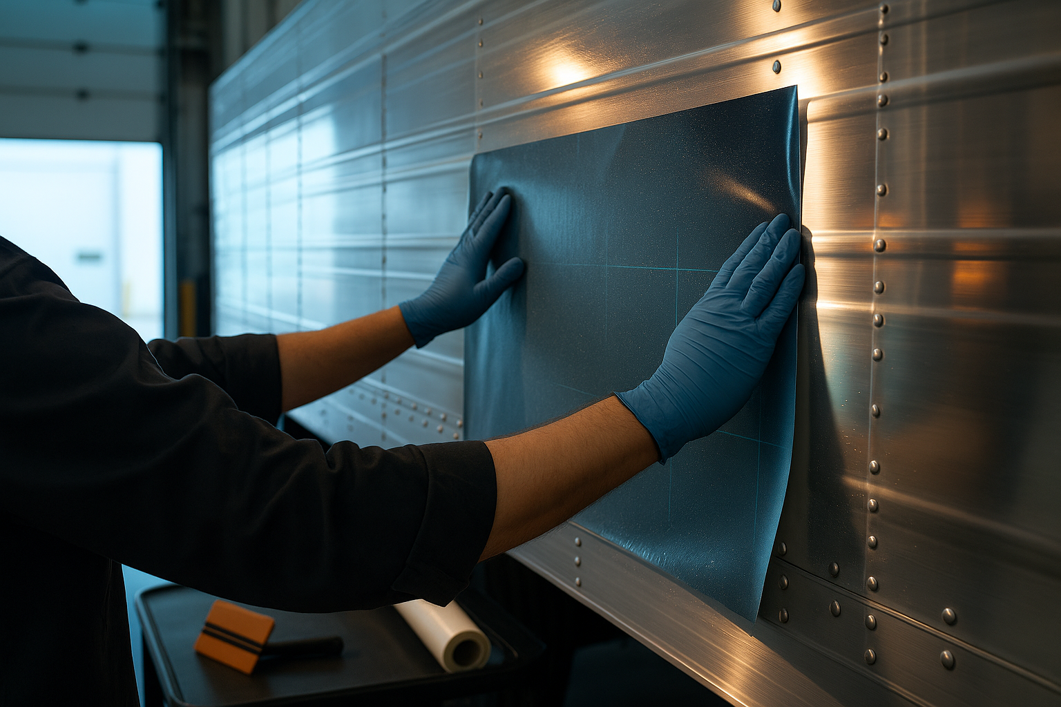 Technician applying a printed graphic panel to a commercial trailer in a maintenance bay, illustrating vehicle wrap production