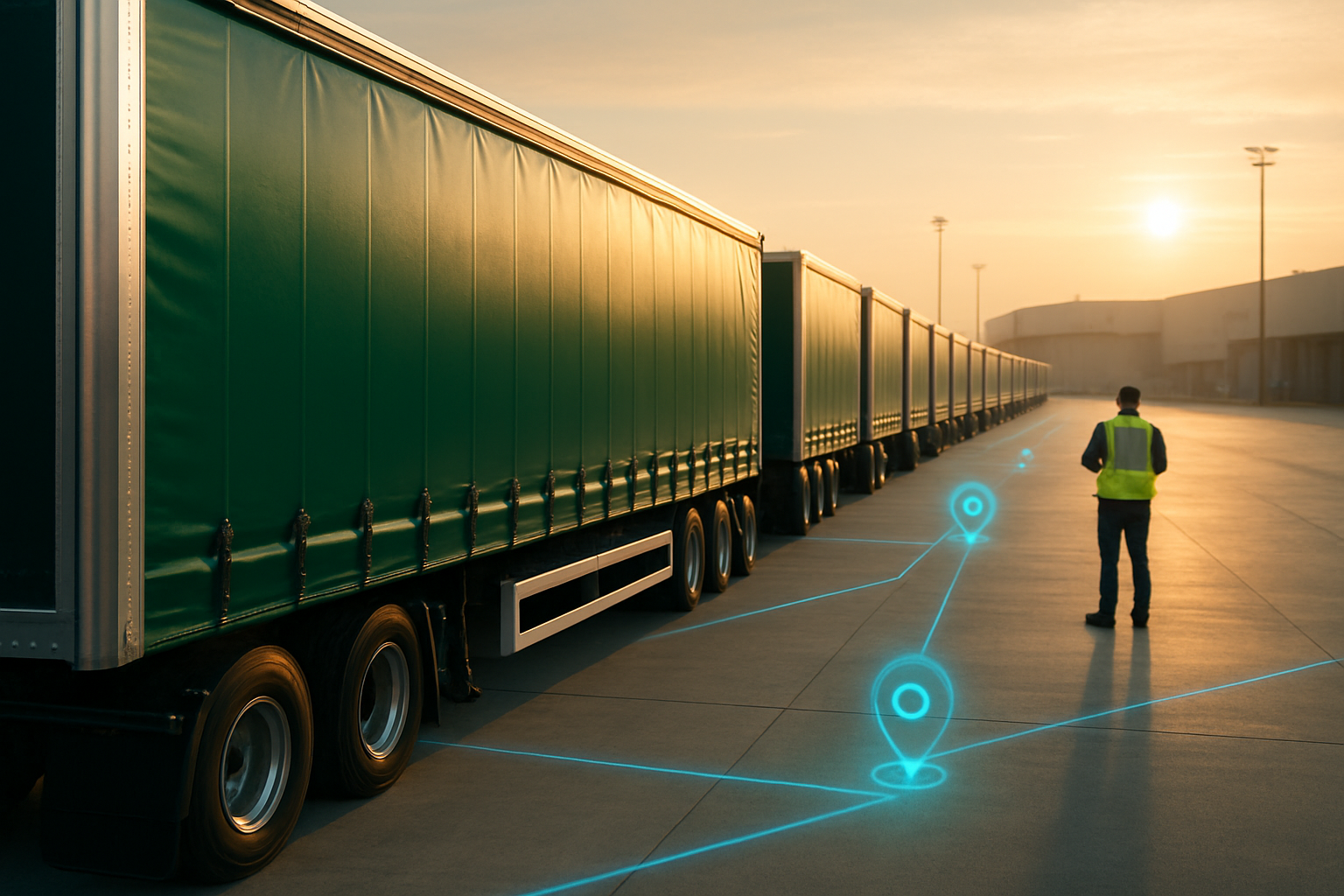 Fleet of green-wrapped commercial trucks staged in an orderly freight yard at sunrise, illustrating a measurable fleet advertising program