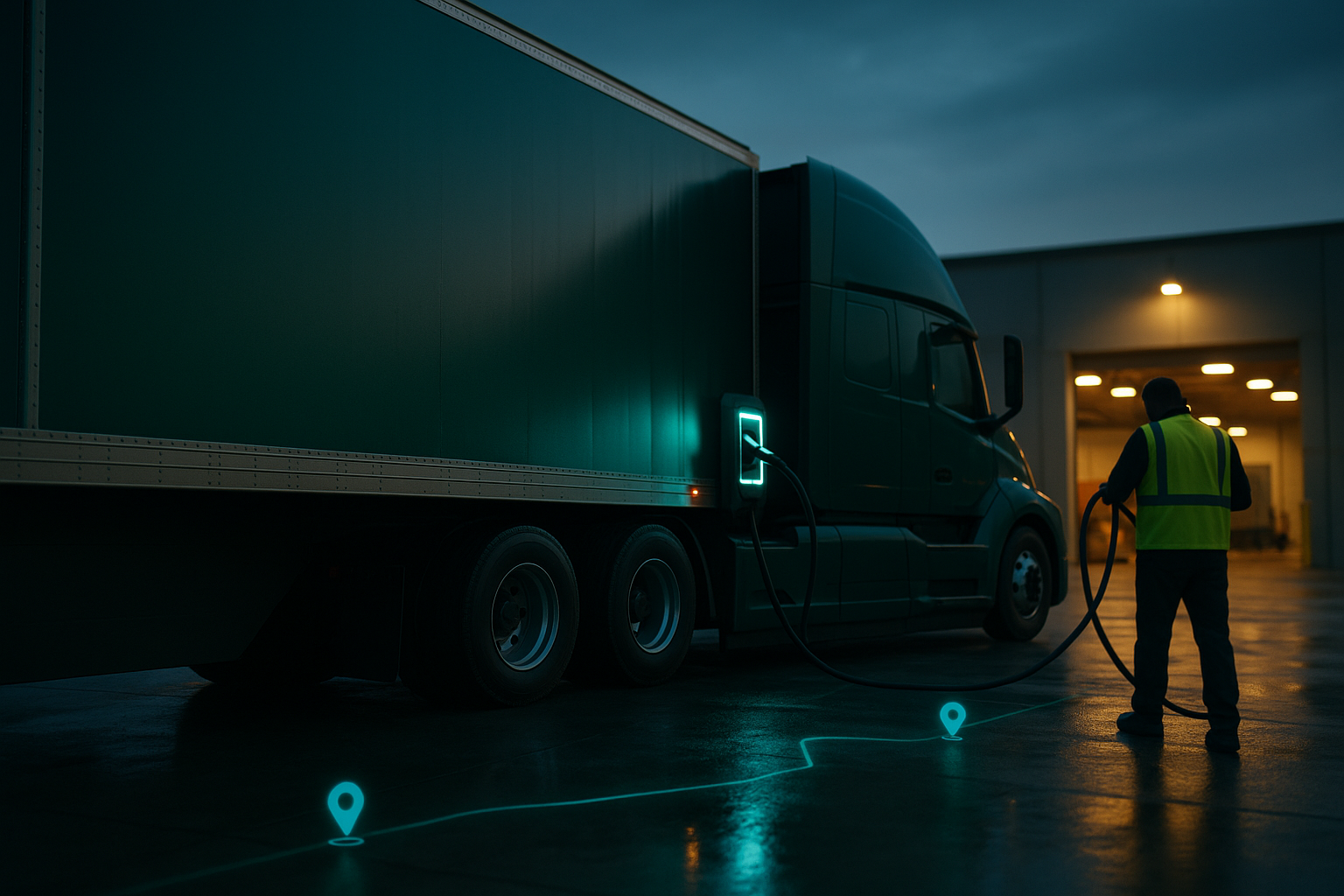 Green-wrapped electric semi-trailer charging at a depot stall at dusk with a teal route overlay, illustrating electric fleet advertising
