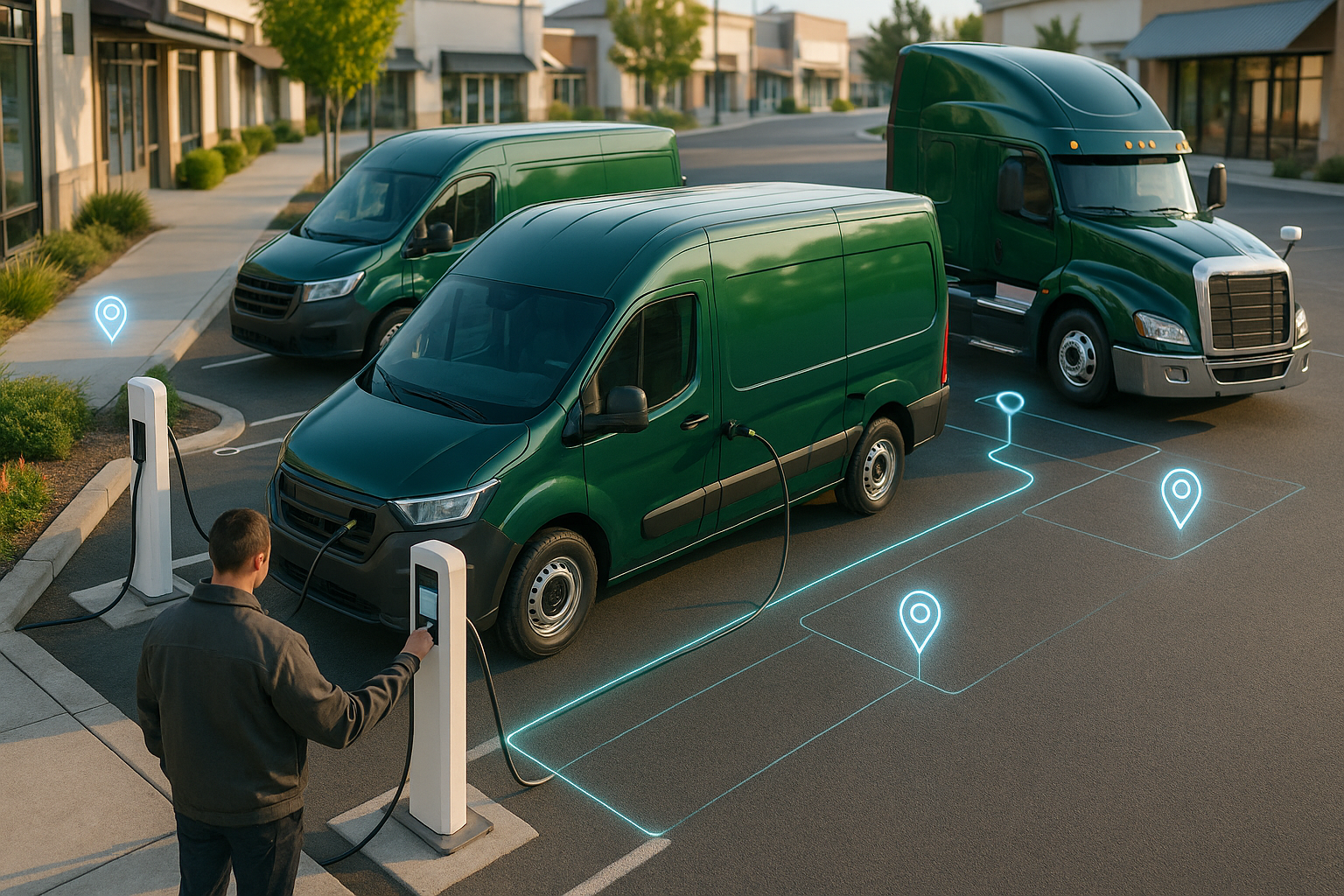 Electric cargo vans and a tractor charging at a depot beside a retail corridor, showing fleet advertising dwell time at charger locations