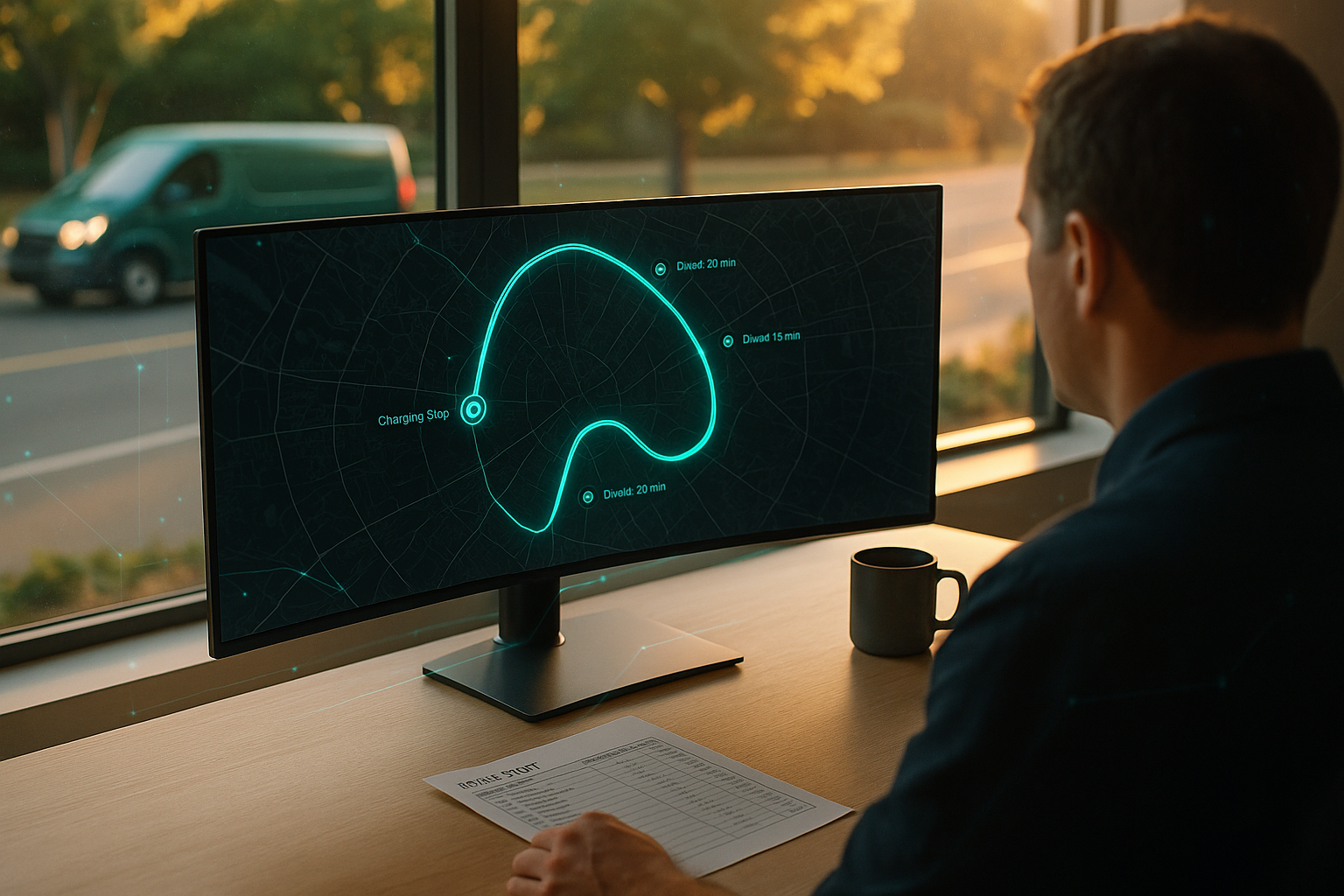 Route planner reviewing a repeating electric delivery loop with dwell times on a dispatch screen, illustrating route repetition in fleet advertising