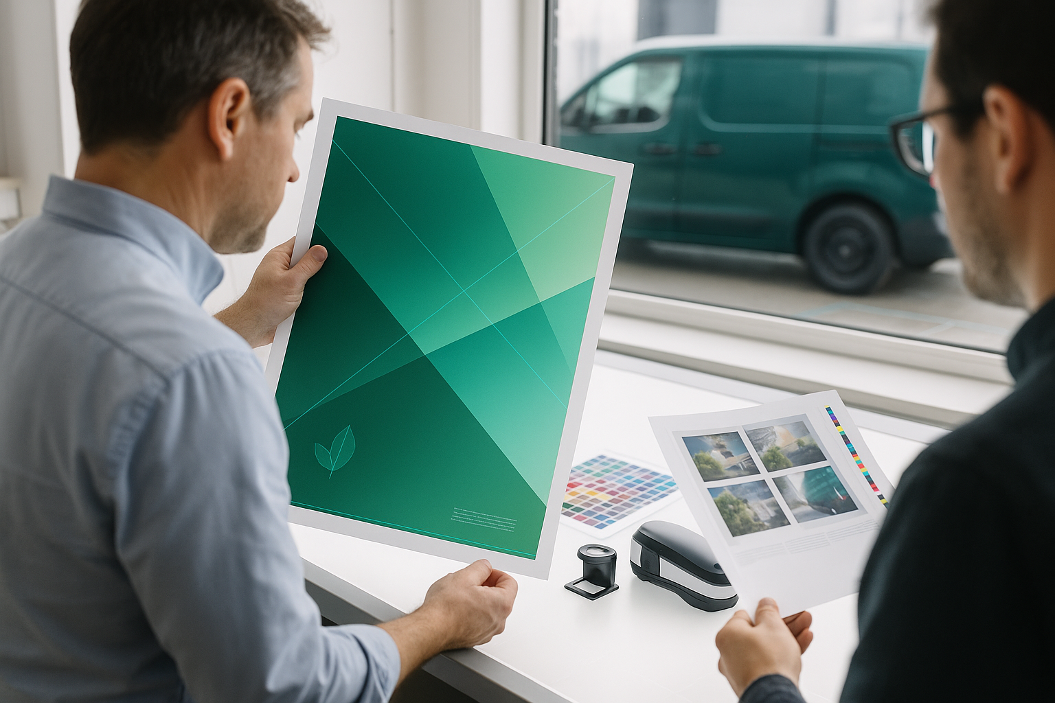 Production team reviewing an unreadable printed wrap proof with a leaf mark, illustrating precise claim wording in green fleet marketing