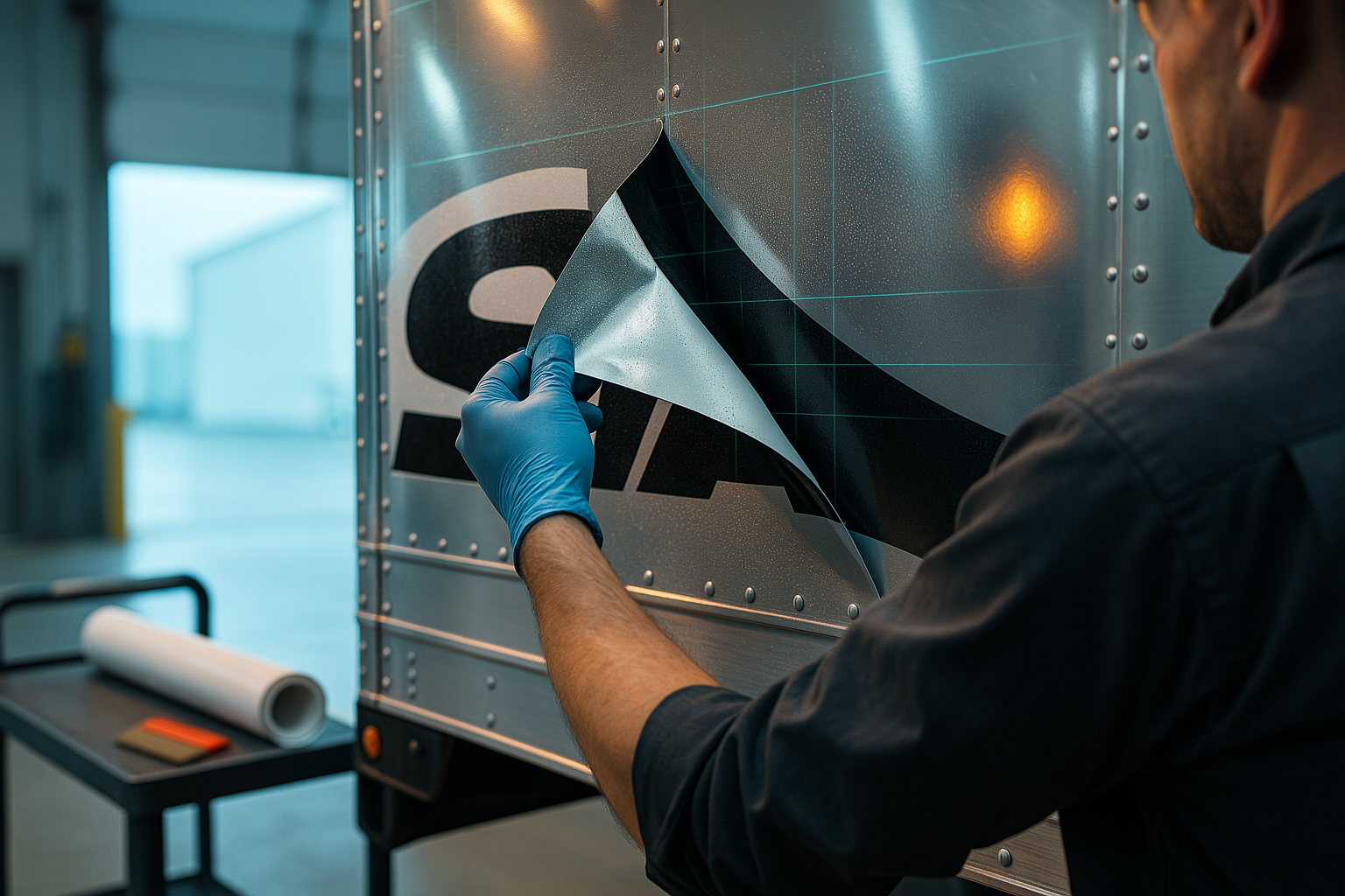 Technician peeling a removable wrap film from a trailer's aluminum panel, illustrating clean wrap removal for electric fleet advertising