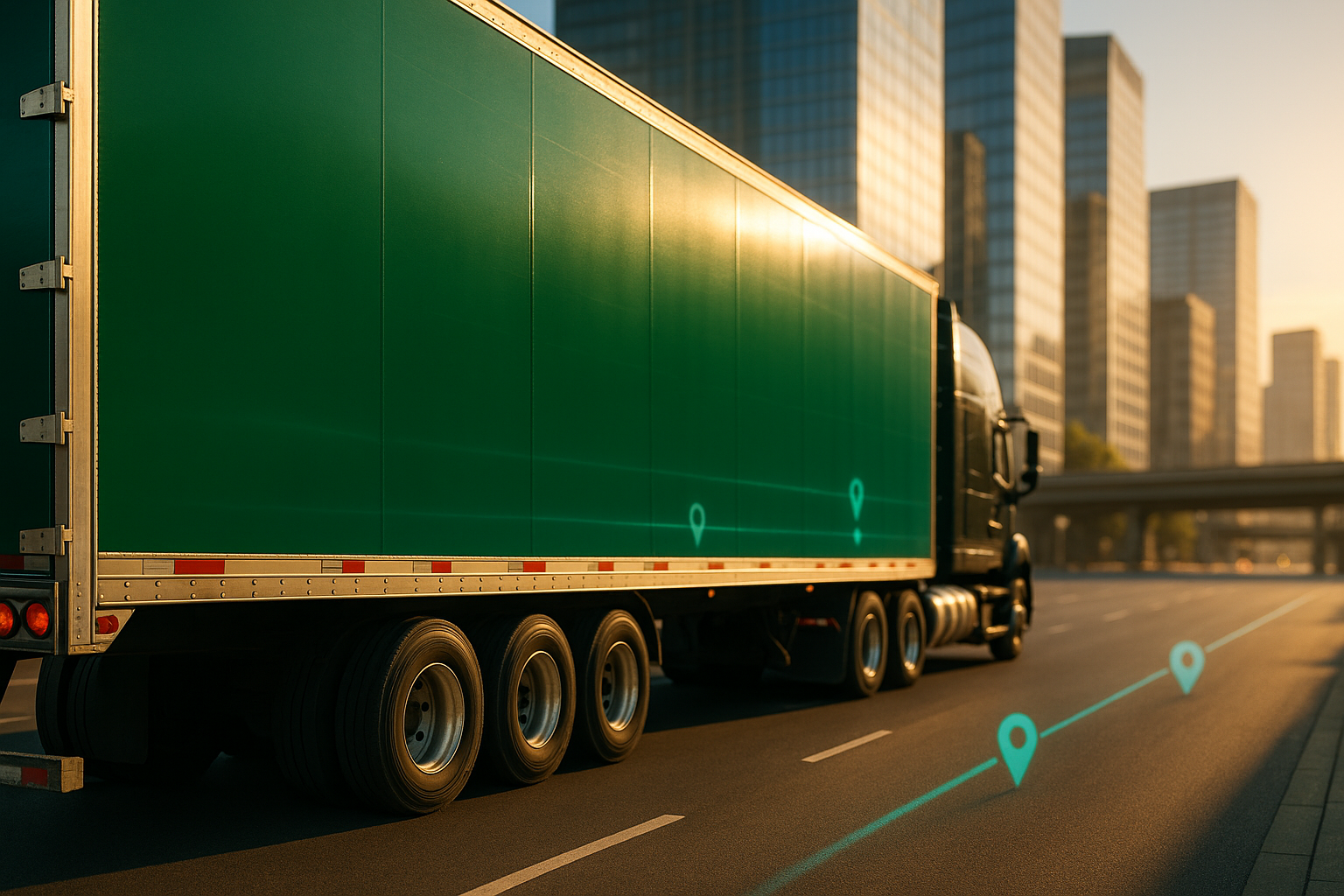 Green-wrapped semi-trailer traveling a measured city corridor, illustrating buying advertising space on trucks