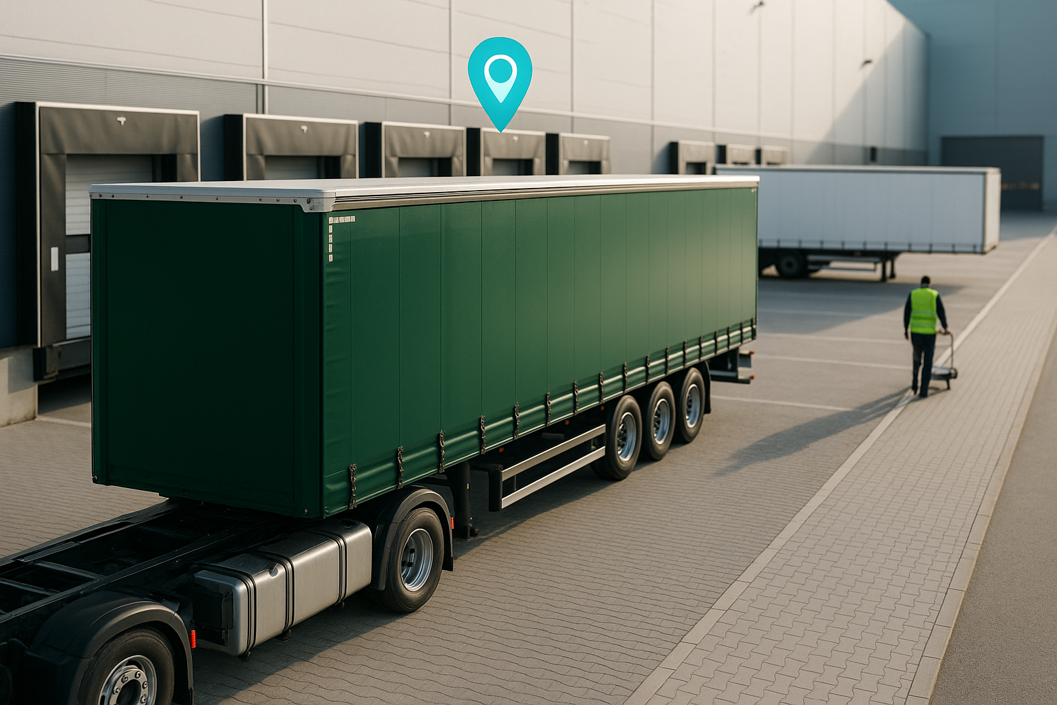 Green-wrapped trailer parked at a loading dock where dwell time builds ad impressions, illustrating fleet media placement
