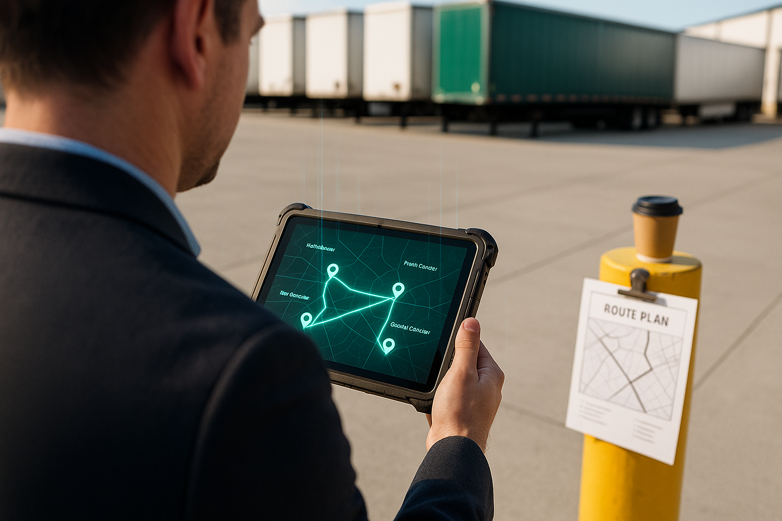 Media buyer reviewing a fleet advertising route map on a tablet beside a wrapped trailer in a freight yard