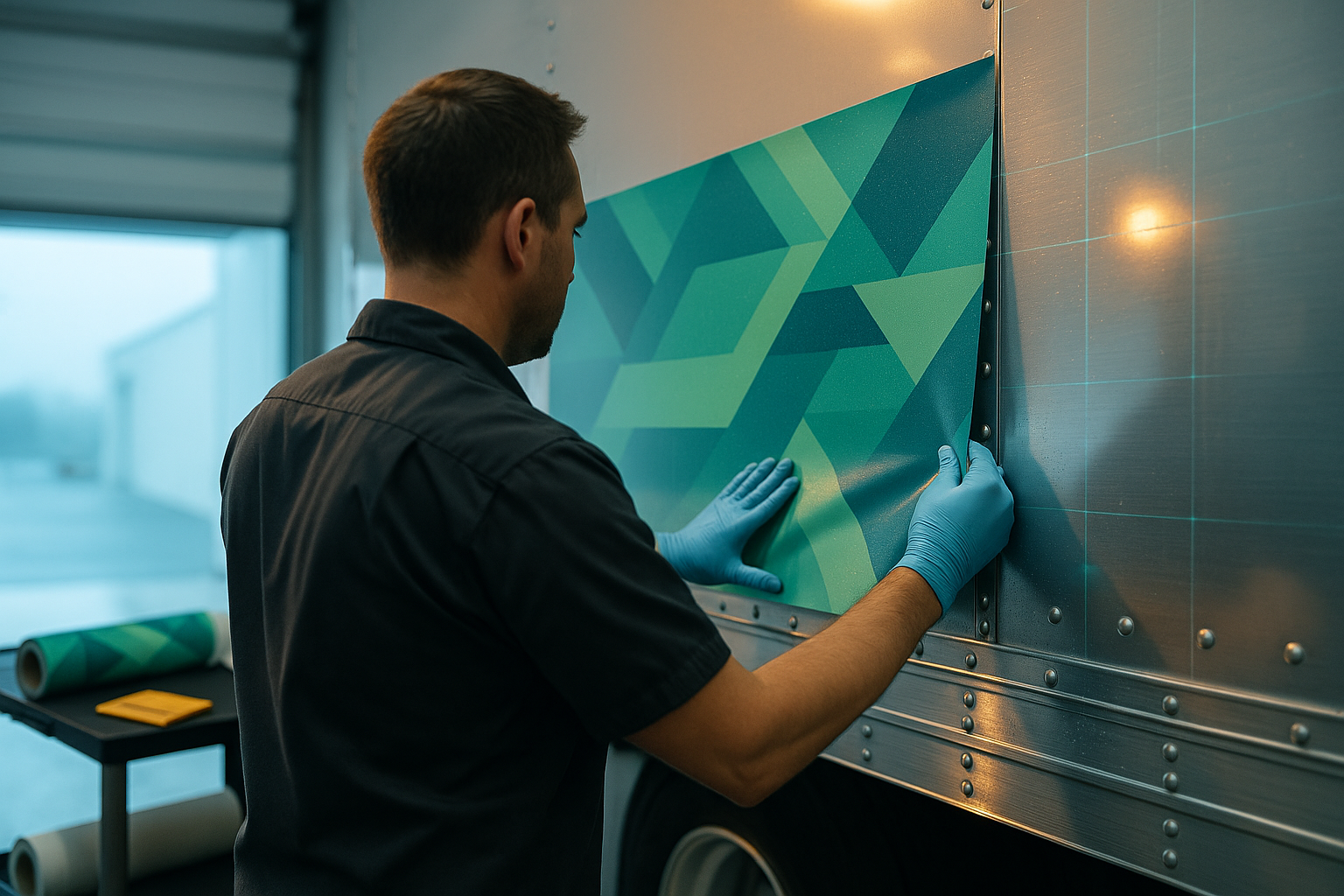 Technician installing a modular graphic panel on a green commercial trailer panel in a wrap bay