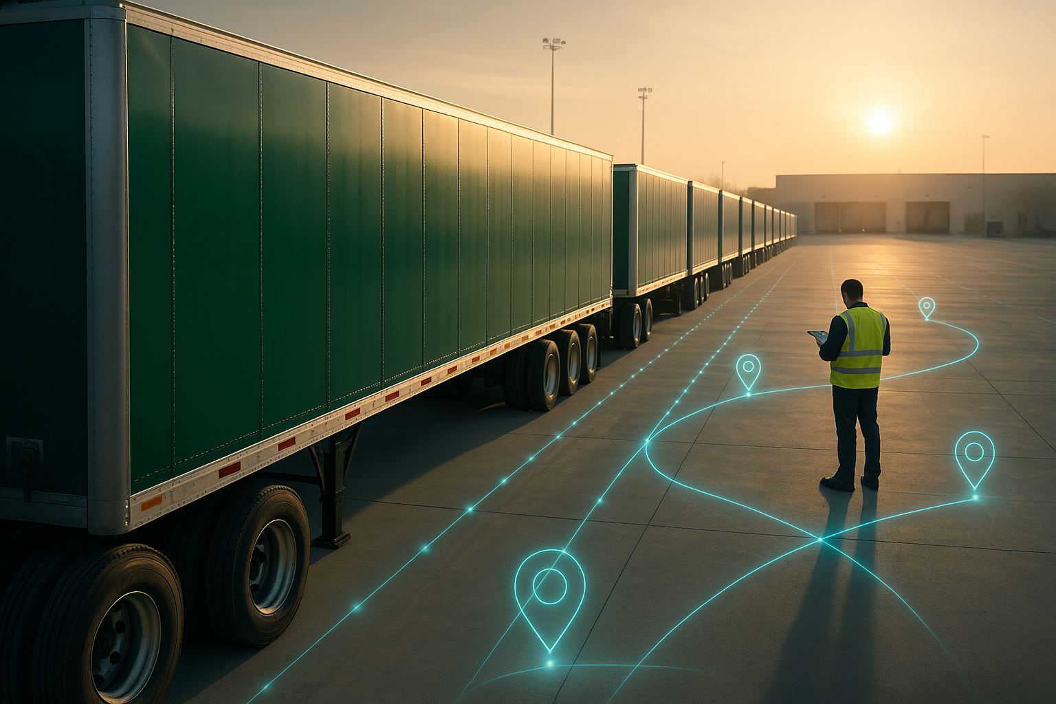 Fleet of green-wrapped trailers in an orderly freight yard at sunrise under a fleet advertising program
