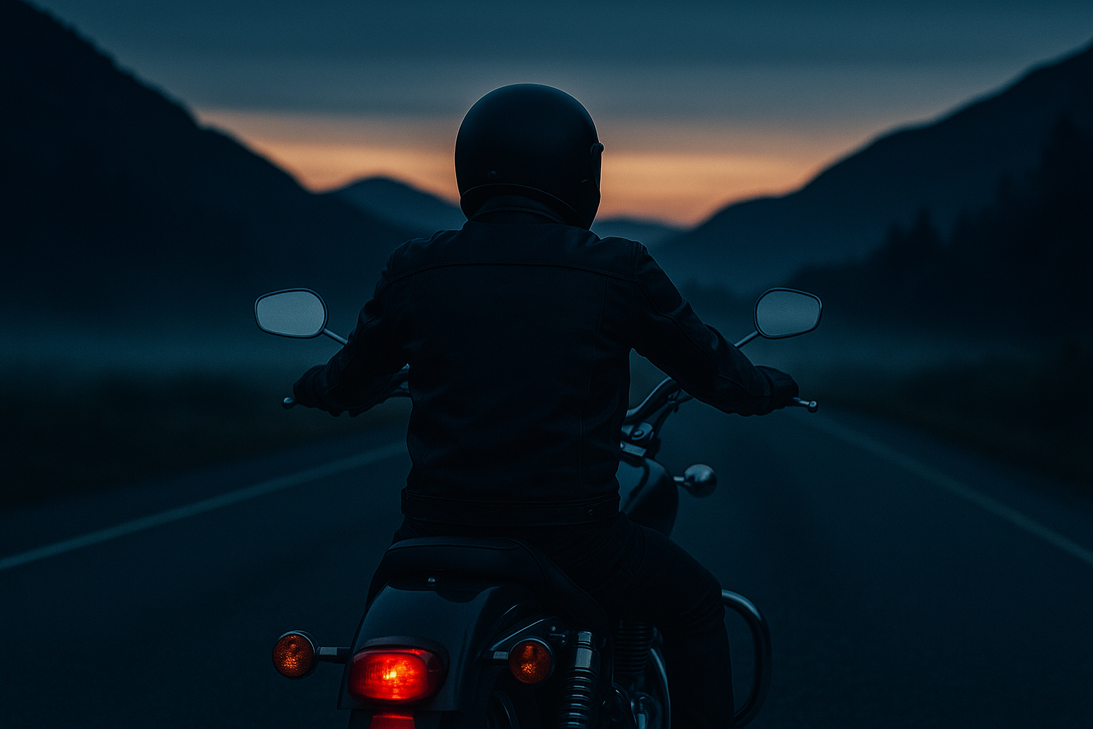Motorcyclist in dark gear seated on a cruiser at dawn on an empty mountain road, motorcycle freedom