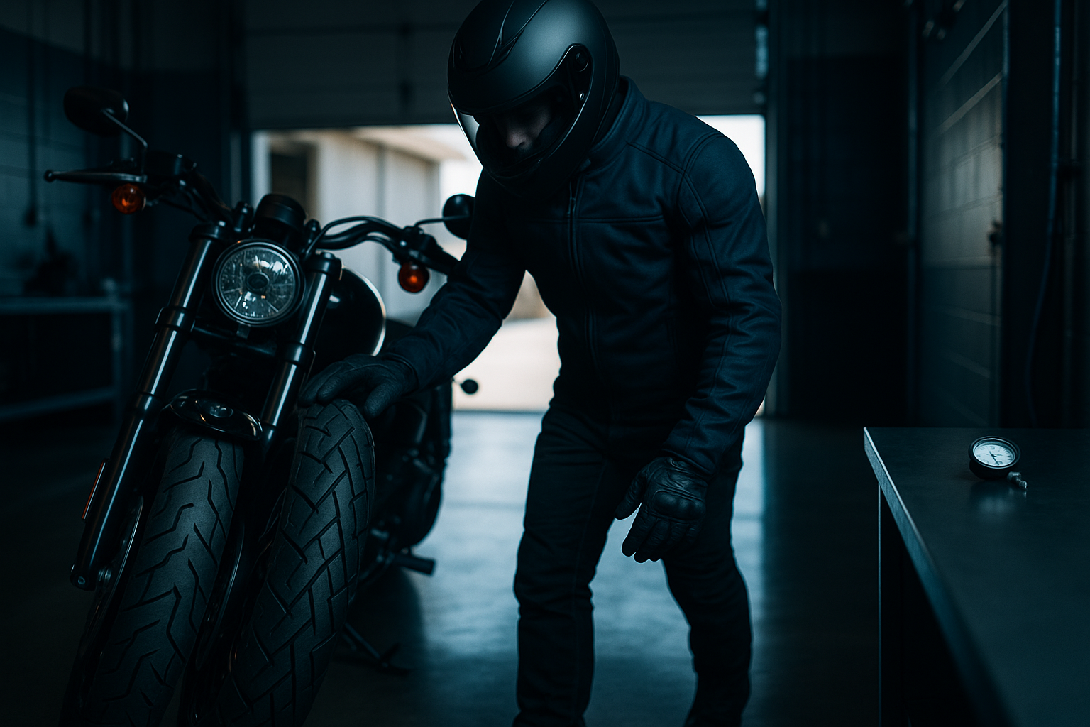 Rider in armored jacket inspecting a motorcycle tire before a ride, motorcycle safety preparation