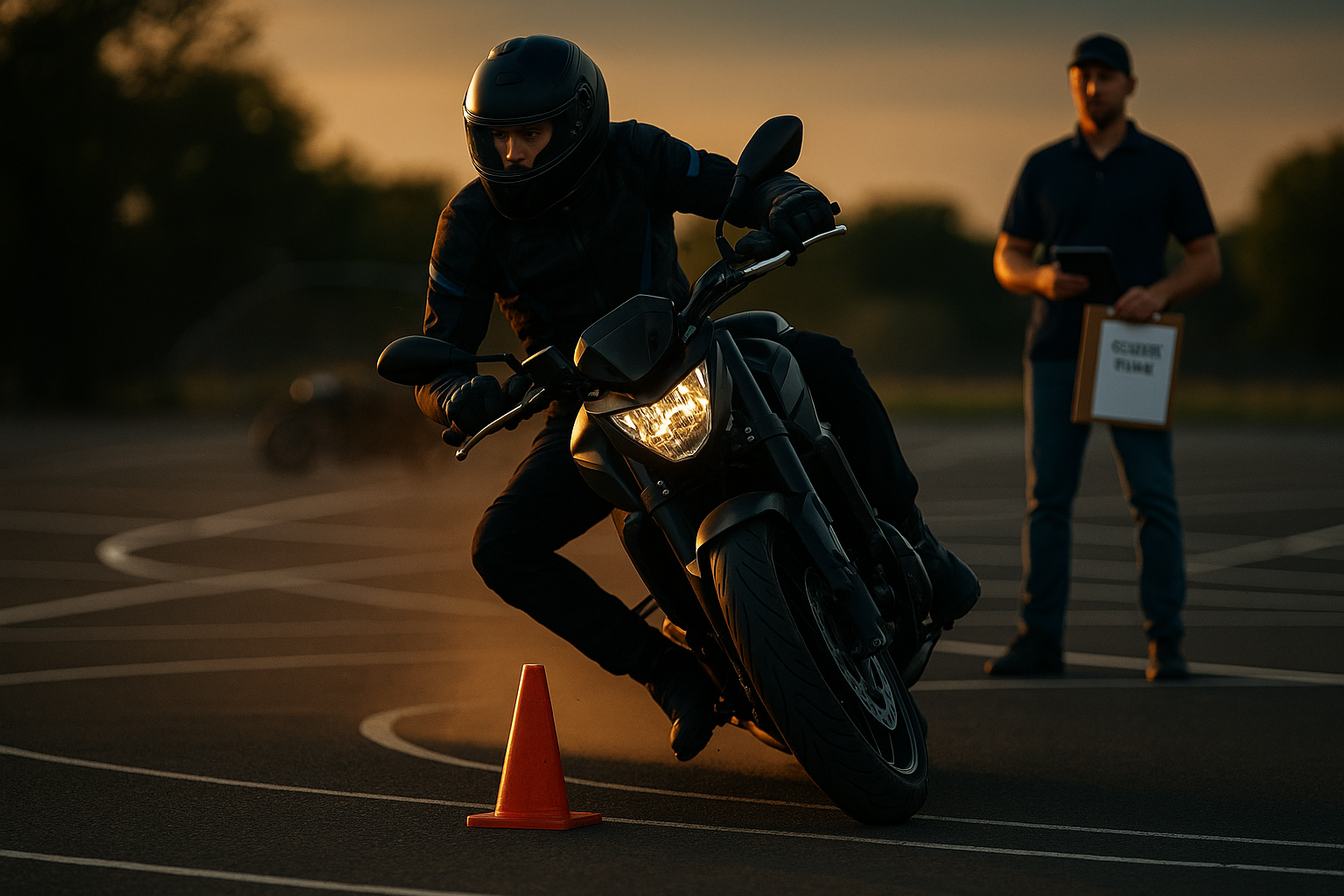Motorcycle rider practicing figure-eight maneuvers between cones in a training lot, rider training skills