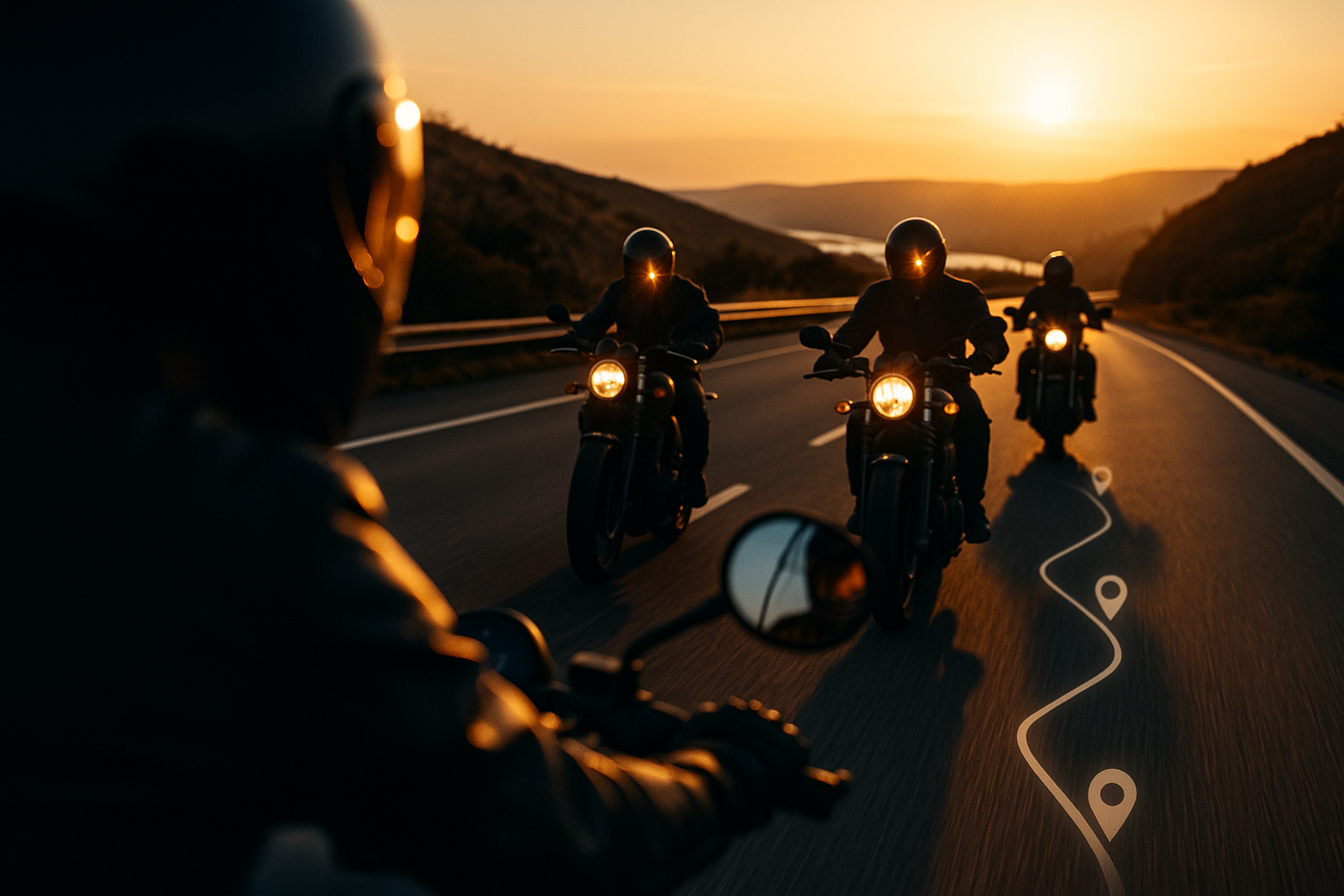 Group of motorcyclists riding in formation on an open highway at golden hour, motorcycle riding community