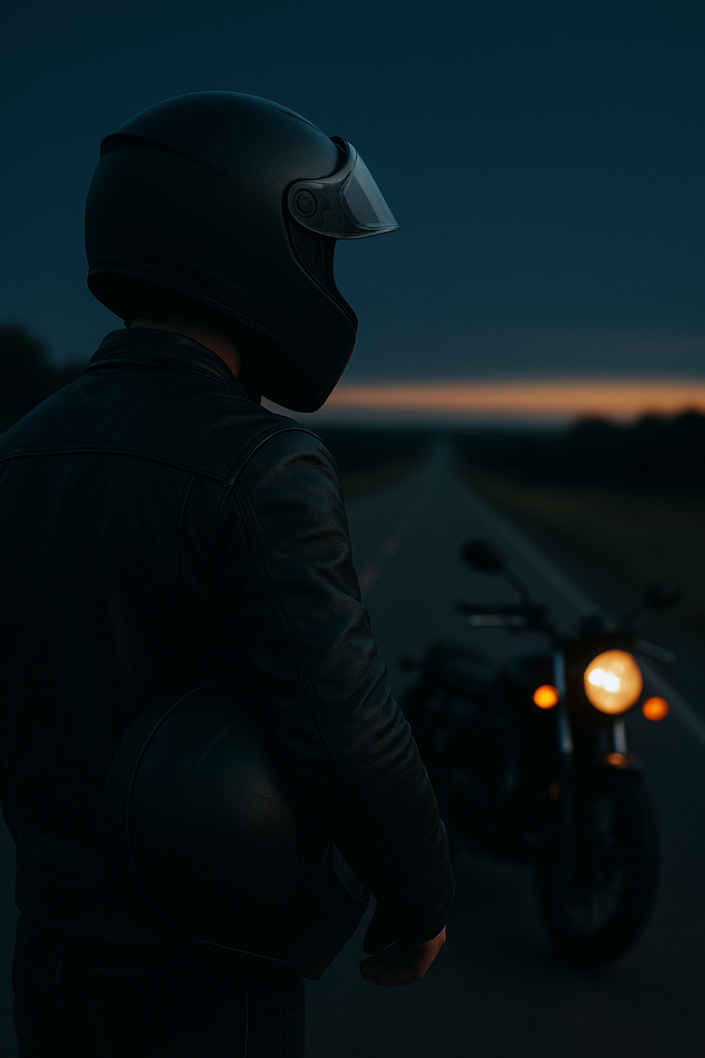Rider in helmet looking down an empty road at dusk beside a parked motorcycle, motorcycle riding journey