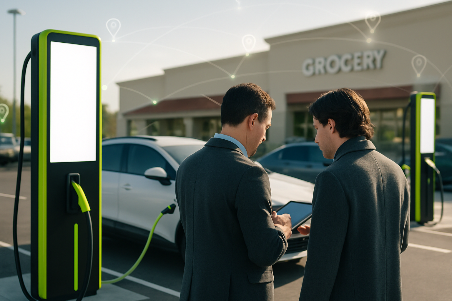 Retail property manager and media buyer reviewing an EV charging station advertising screen in a grocery-anchored shopping plaza parking lot